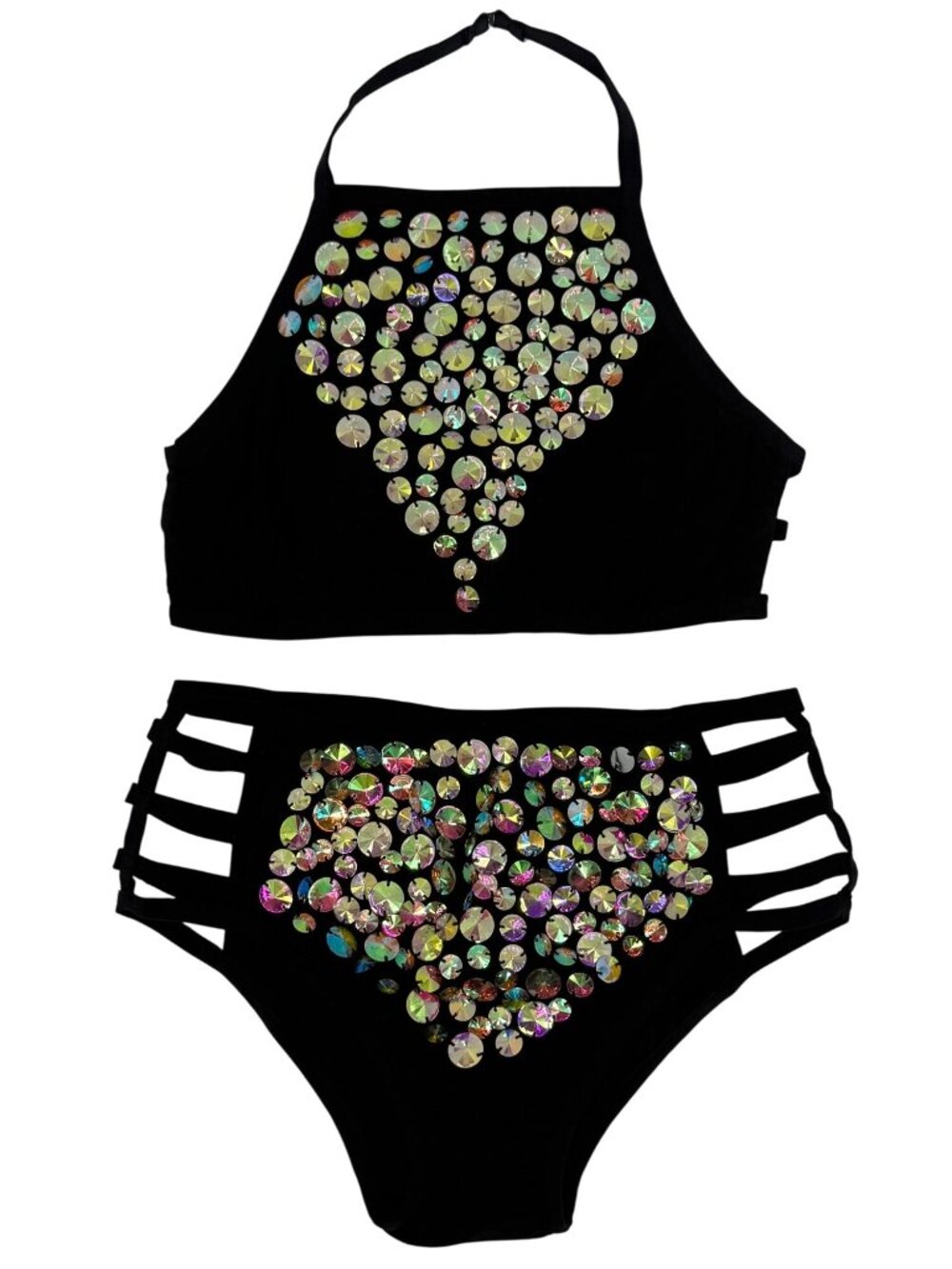 I Heart Raves 2 Piece Black Holographic Caged Halter Top & Bottoms Set| Festival - Picture 2 of 16